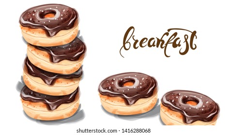 Breakfast donuts Invitation card Vector watercolor. Chocolate sweet decor