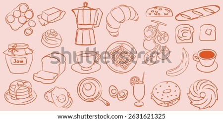 Breakfast doodle illustration set. Hand drawn food elements for morning meal designs. Cute vector sketch of coffee, eggs, croissant, jam, fruits, toast, waffles, breads and drinks	
