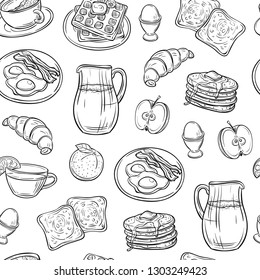Breakfast doodle pattern. Pancakes jam cheese yogurt sausage tea bread and eggs sketch seamless vector texture