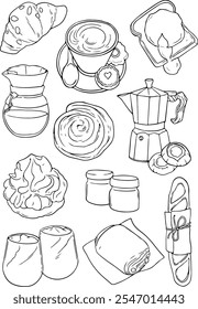 Breakfast doodle. Sandwich bread toast egg butter, morning coffee and cheese sketch healthy food vintage set. Vector set