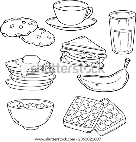 Breakfast doodle. Sandwich bread toast egg butter, morning coffee and cheese sketch healthy food vintage set. Balck and white, Black line vector