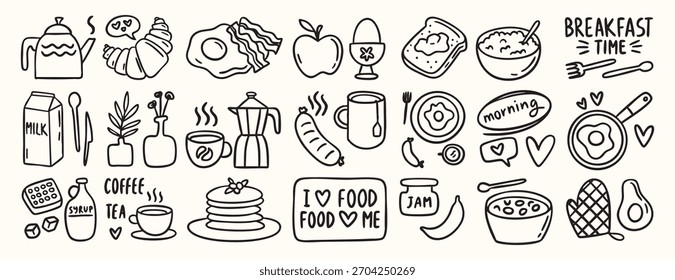 Desayuno doodle conjunto de iconos de comida y café estilo tiza para el menú de la cafetería, invitaciones, brunch italiano, croissant lindo, taza, huevos, Vector mínimo. Ilustración vectorial
