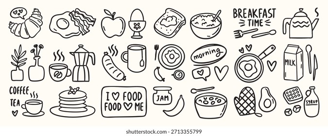 Breakfast doodle set of chalk style food and coffee icons for cafe menu, invitations, Italian brunch, cute croissant, cup, eggs, minimal vector. Vector illustration