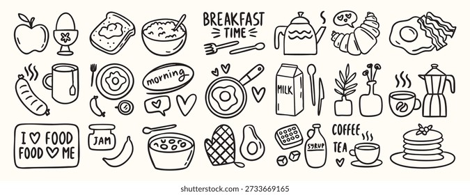 Breakfast doodle set of chalk style food and coffee icons for cafe menu, invitations, Italian brunch, cute croissant, cup, eggs, minimal vector. Vector illustration