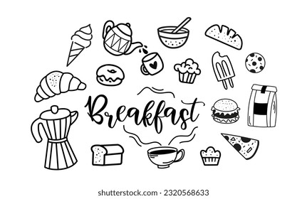 El doodle del desayuno pone iconos vectores de comida. Diseño del menú de la mañana con palabra tipográfica - desayuno. Ilustración con elementos de cocina para menú, fondo, afiche, pancarta. Desayuno con iconos de Doodle.