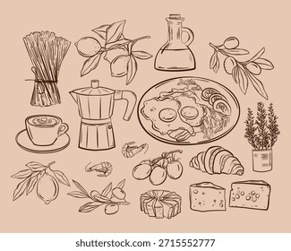 Desayuno estilo doodle, huevos y café con croissant deliciosa comida nutritiva para el desayuno sketch tinta, almuerzo italiano.