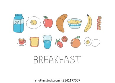 Breakfast. Doodle vector food illustration set. Banana, apple, milk, water, coffee, orange, croissant