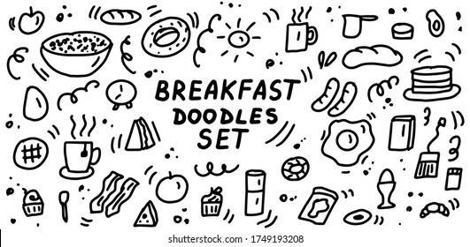 Breakfast doodles icon set. Hand drawn lines cartoon food icons collection. For restaurants, cafes, menu, textile prints, web and graphic design. Vector illustration