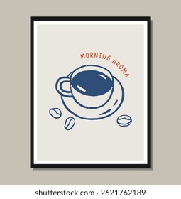 Breakfast doodles poster. Vector illustration of coffee cup, crayon drawing style
