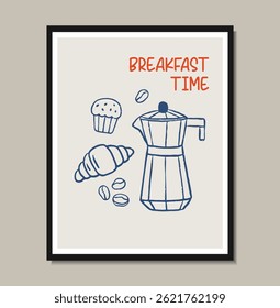 Breakfast doodles poster. Vector illustration of croissant and coffee cup, crayon drawing style