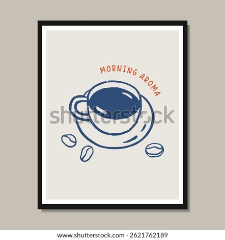Breakfast doodles poster. Vector illustration of coffee cup, crayon drawing style