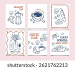Breakfast doodles posters set. Vector of croissant and coffee, crayon drawing blue, red