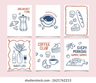 Breakfast doodles posters set. Vector of croissant and coffee, crayon drawing blue, red