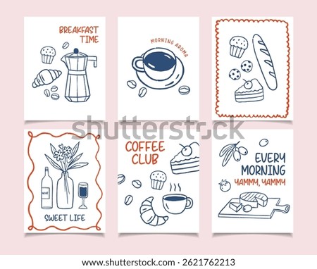 Breakfast doodles posters set. Vector of croissant and coffee, crayon drawing blue, red