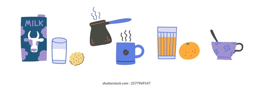 Breakfast drinks, coffee, orange juice, milk and tea. Hand-drawn vector design elements.