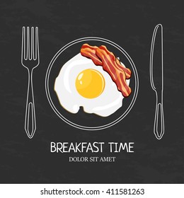 Breakfast egg with bacon isolated plate illustration