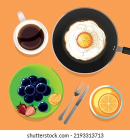 desayuno, huevo y jugo con café