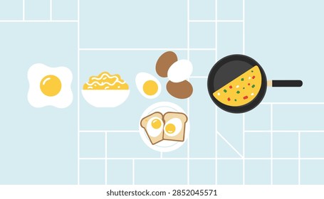 Breakfast egg menu collection displaying fried scrambled boiled and omelet egg styles on a light blue background.
