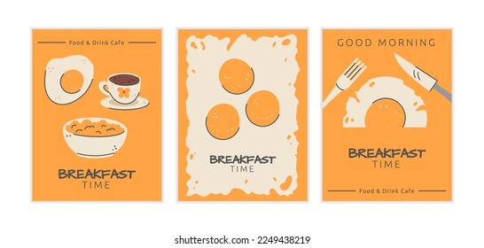 Breakfast egg menu. Lunch time. Restaurant dinner with omelet. Morning food cooking. Retro kitchen flyers. Yellow fried yolks. Porridge and coffee. Vector illustration garish banners set
