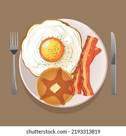 Frühstückseier und Pfannkuchen mit Speck