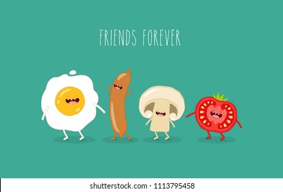 Breakfast, egg, sausage, mushrooms, tomatoes, English breakfast, American breakfast. Comic characters. Vector illustrations. Use for the menu, in the shop, in the bar, the card or stickers.