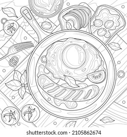  Breakfast with egg  and sausage in a pan.Coloring book antistress for children and adults. Illustration isolated on white background. Zen-tangle style. Hand draw