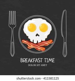 Breakfast egg skull shape with bacon isolated plate illustration