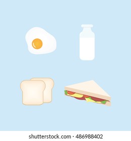 Breakfast Egg Sunny Side Up, Milk Bottle, Bread, Toast, Sandwich Flat Design Set Vector Illustration Icon