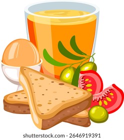breakfast egg with toast and a glass of juice
