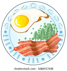 breakfast of eggs, bacon, basil and peas