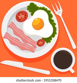 Breakfast with eggs, bacon, tomatoes, salad on a plate. Coffee in a cup. Flat vector illustration.