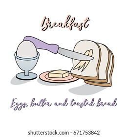 breakfast eggs butter and toasted bread isolated white background Vector illustration