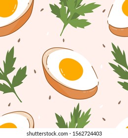 Breakfast eggs and greenery seamless pattern for print, textile, fabric. Good morning hand drawn background. Food illustration seamless pattern.