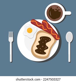 Breakfast, eggs, hot dogs, toast, chocolate, on a blue background.