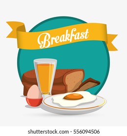 breakfast eggs juice bread ribbon green background vector illustration eps 10