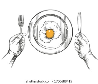 Desayuno, huevos en un plato, manos con un cuchillo y un tenedor, ilustración vectorial hecha a mano boceto realista