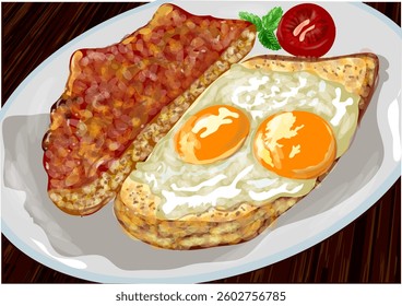 breakfast with eggs on the table, view from above