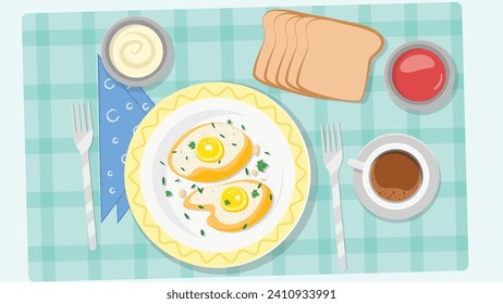 Breakfast of eggs and tea bread on a fresh background