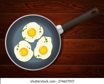 Breakfast eggs with thyme on frying pan on brown wooden table. Vector image can be used for restaurant and cafe menu design, food posters, print cards and other crafts.