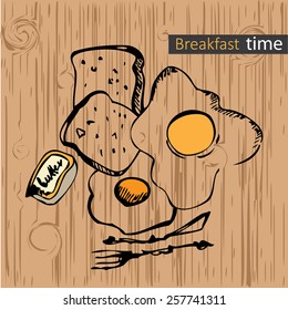 breakfast, eggs, toast, butter on a wood background . background vector