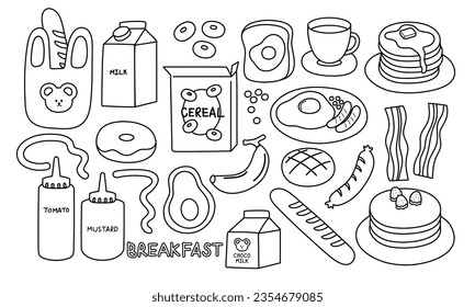 Breakfast element outlines of bread loaf, milk box, cereal, fried egg on toast, coffee, pancake, donut, egg and sausage, bacon, banana, ketchup and mustard sauce. For colouring book, tattoo, stickers