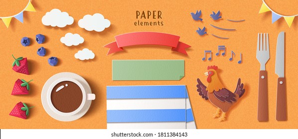 Breakfast Element Set In 3d Paper Cut Isolated On Orange Background