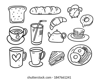 Breakfast elements doodle set and food hand-drawn vector illustration. Black line style. Isolated on white background.