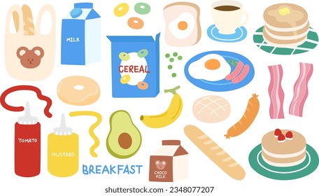 Breakfast elements of pancake, milk, cereal, coffee, bread, fried egg, avocado, bacon, sausage, banana, ketchup and mustard sauce, donut, chocolate milk for food logo, picnic sticker, grocery icon