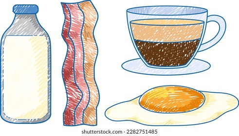 Elementos del desayuno en el esbozo de color del lápiz Dibujo de estilo sencillo