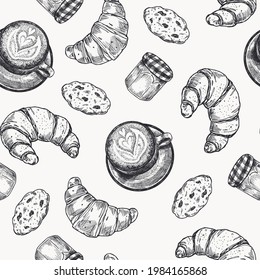 Breakfast Elements Seamless Pattern. Croissant, Cookie, Coffee, Jam. Vector Illustration