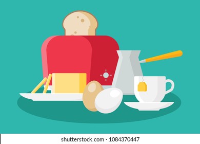 Breakfast elements set in flat style isolated on blue background. Collection of Simple toaster with bread, butter, eggs and cup of tea flat designed style. Breakfast time vector illustration.