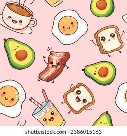 Breakfast endless pattern with avocado, coffee, juice, eggs and toasts