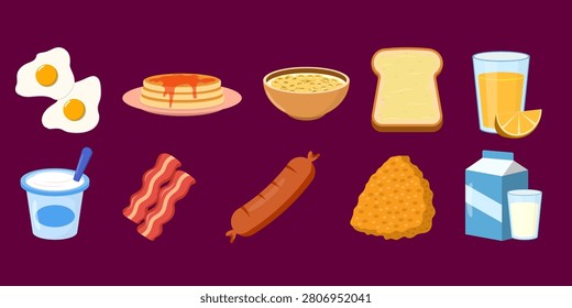 Breakfast essentials illustration of eggs, pancakes, sausage, toast, and juice in bright flat vector style