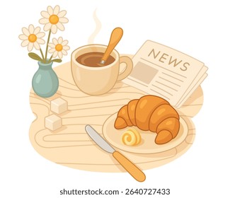 breakfast in a european cafe with a newspaper, coffee, a croissant with butter and daisies in a vase, delicate colors